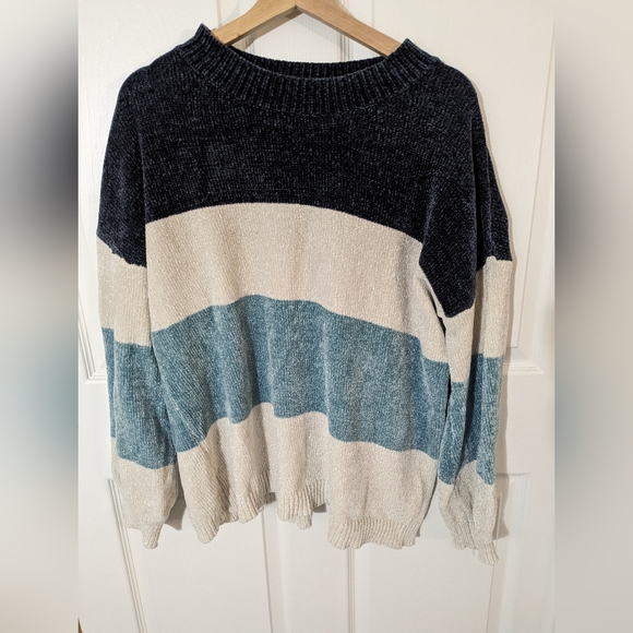 Oversized, chenille, sweater, blue/cream/navy, L - Picture 1 of 6